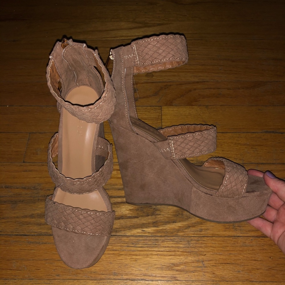 Tan suede high wedges